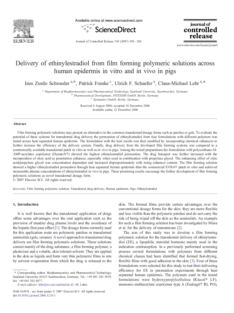 Delivery of ethinylestradiol from film forming polymeric solutions across human epidermis in vitro and in vivo in pigs