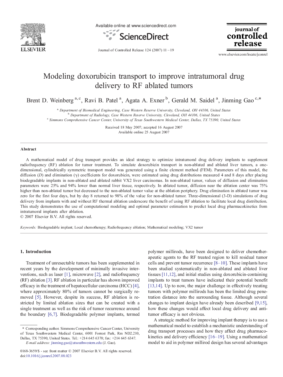 Modeling doxorubicin transport to improve intratumoral drug delivery to RF ablated tumors