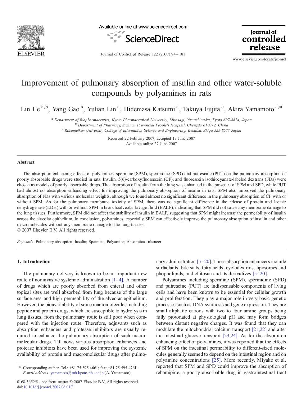 Improvement of pulmonary absorption of insulin and other water-soluble compounds by polyamines in rats