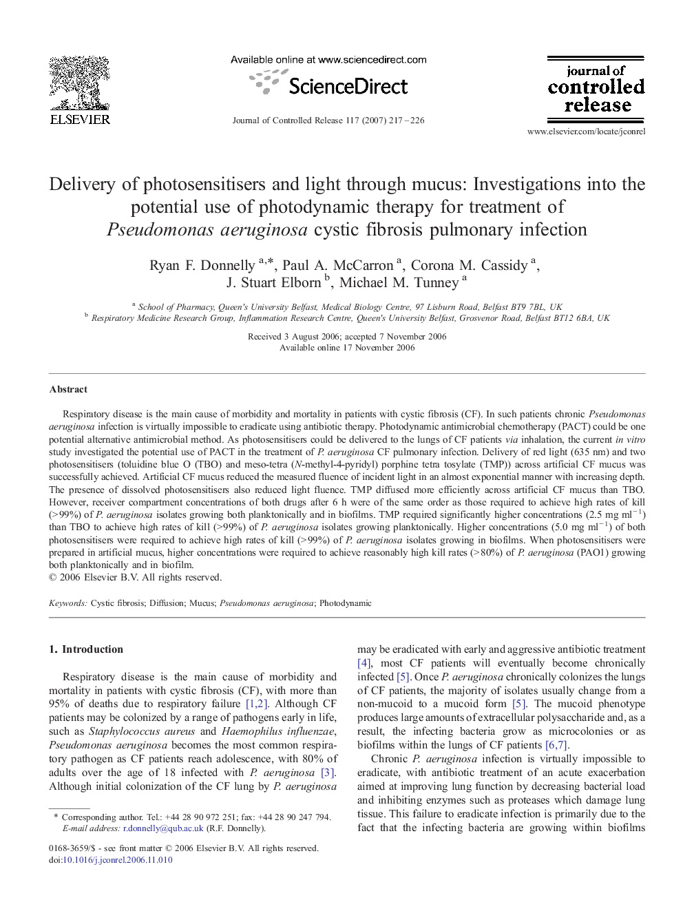 Delivery of photosensitisers and light through mucus: Investigations into the potential use of photodynamic therapy for treatment of Pseudomonas aeruginosa cystic fibrosis pulmonary infection