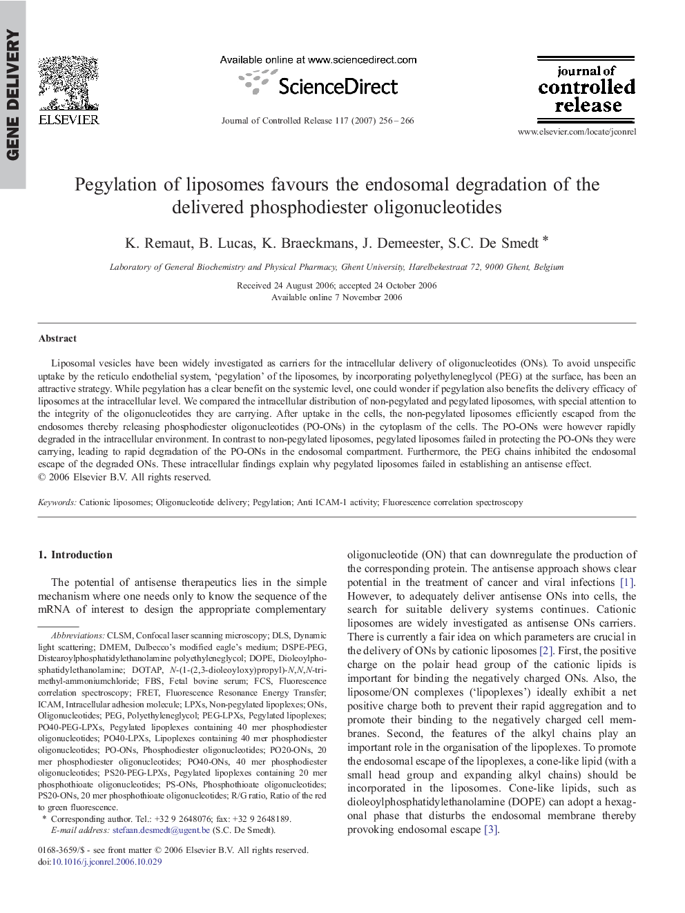 Pegylation of liposomes favours the endosomal degradation of the delivered phosphodiester oligonucleotides