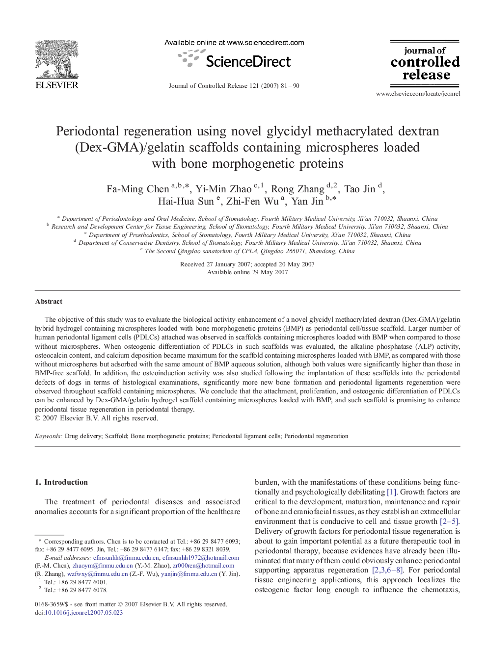 Periodontal regeneration using novel glycidyl methacrylated dextran (Dex-GMA)/gelatin scaffolds containing microspheres loaded with bone morphogenetic proteins