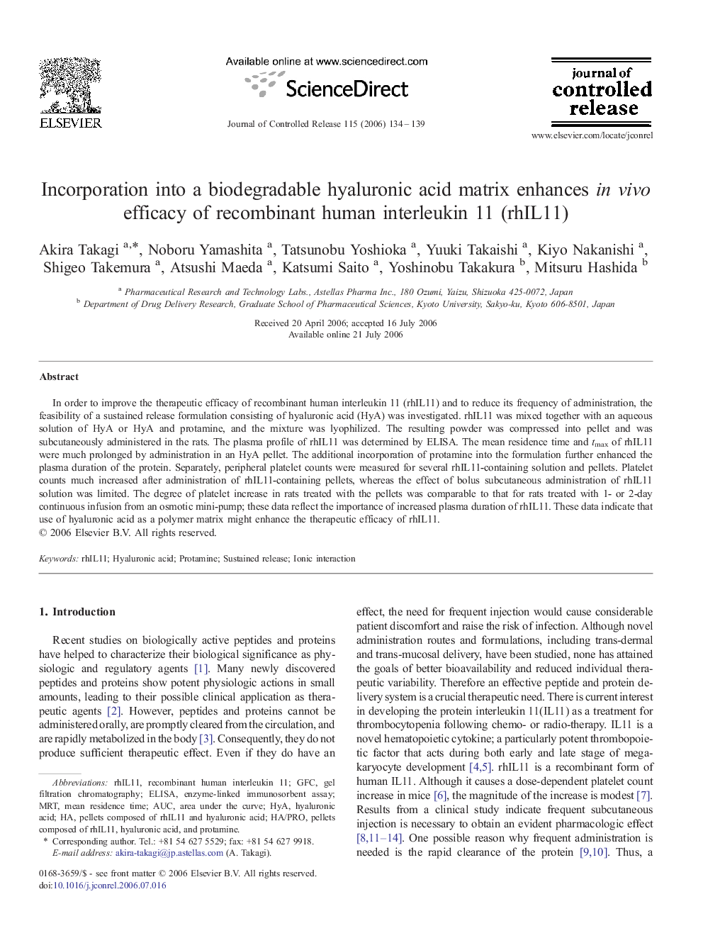 Incorporation into a biodegradable hyaluronic acid matrix enhances in vivo efficacy of recombinant human interleukin 11 (rhIL11)
