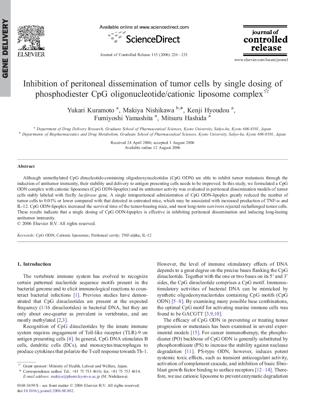 Inhibition of peritoneal dissemination of tumor cells by single dosing of phosphodiester CpG oligonucleotide/cationic liposome complex 