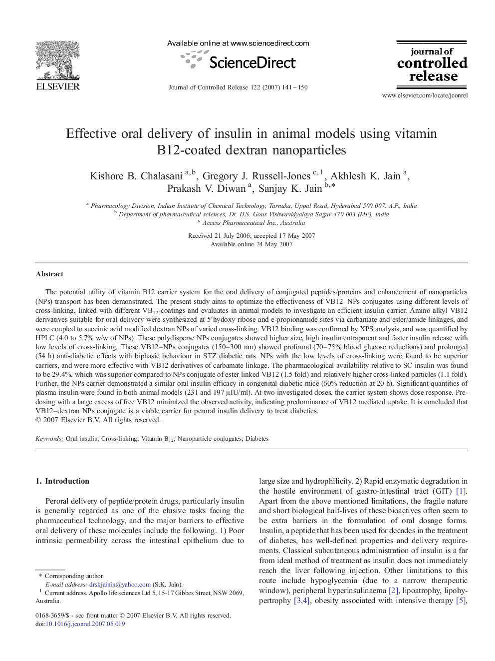 Effective oral delivery of insulin in animal models using vitamin B12-coated dextran nanoparticles