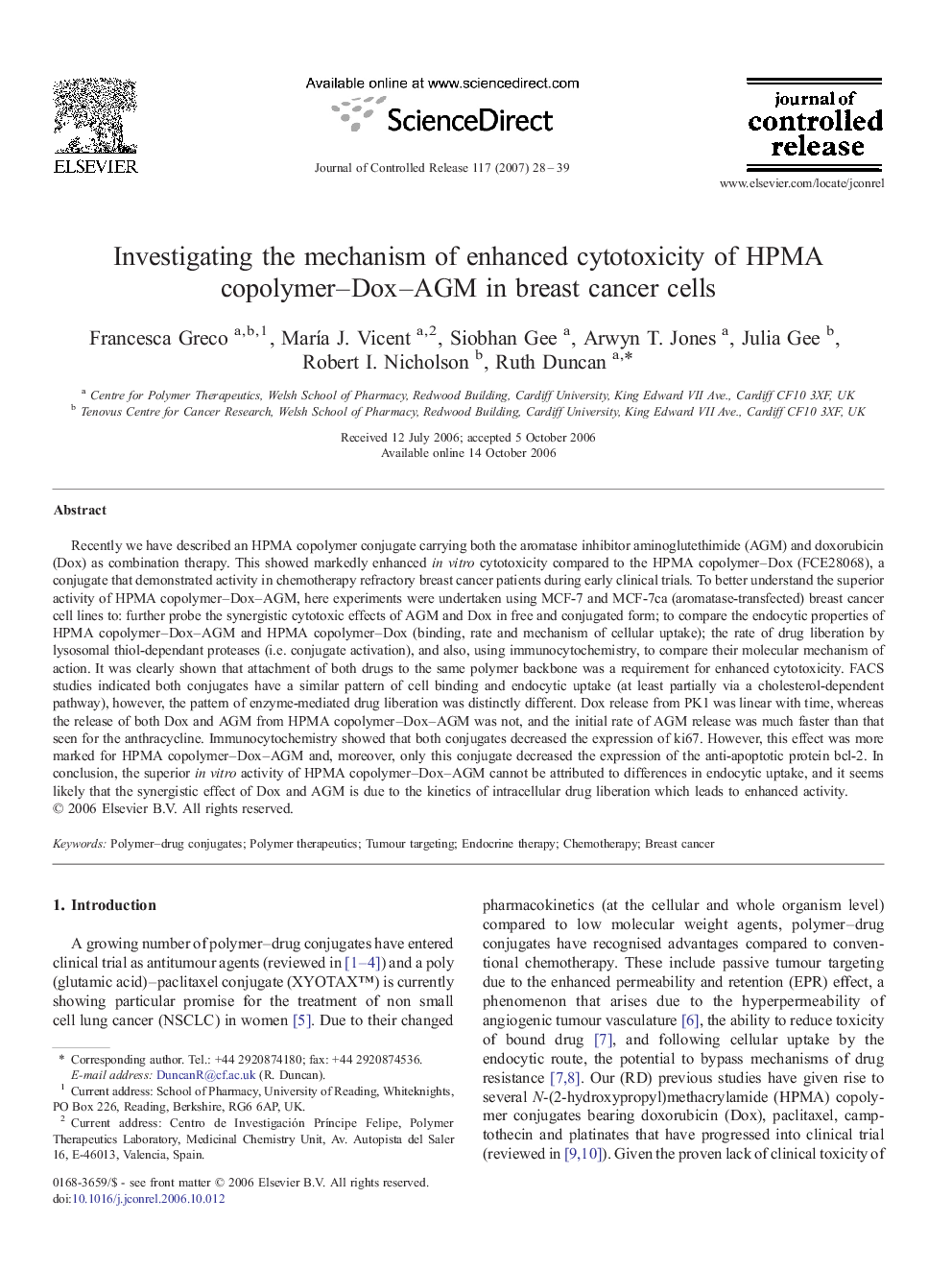 Investigating the mechanism of enhanced cytotoxicity of HPMA copolymer–Dox–AGM in breast cancer cells