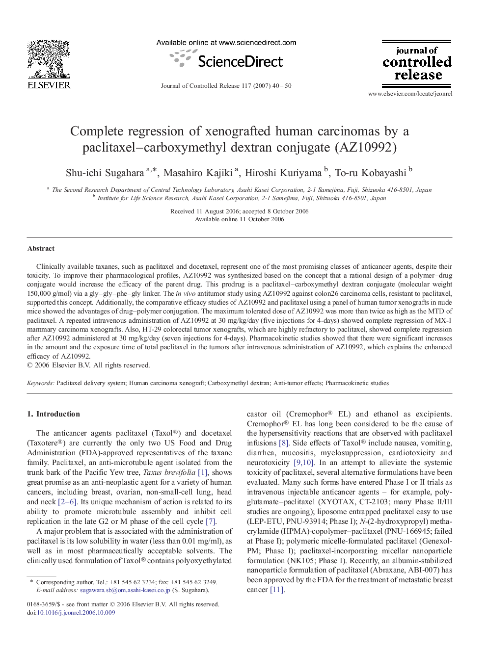 Complete regression of xenografted human carcinomas by a paclitaxel–carboxymethyl dextran conjugate (AZ10992)