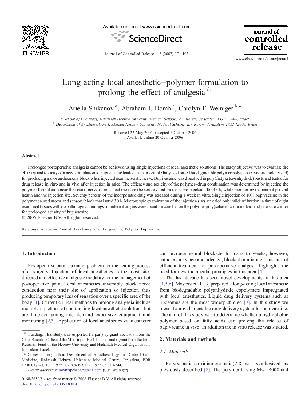 Long acting local anesthetic–polymer formulation to prolong the effect of analgesia 