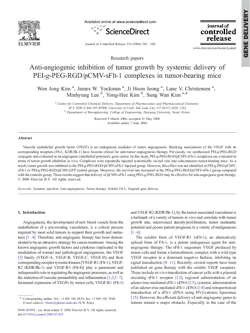 Anti-angiogenic inhibition of tumor growth by systemic delivery of PEI-g-PEG-RGD/pCMV-sFlt-1 complexes in tumor-bearing mice