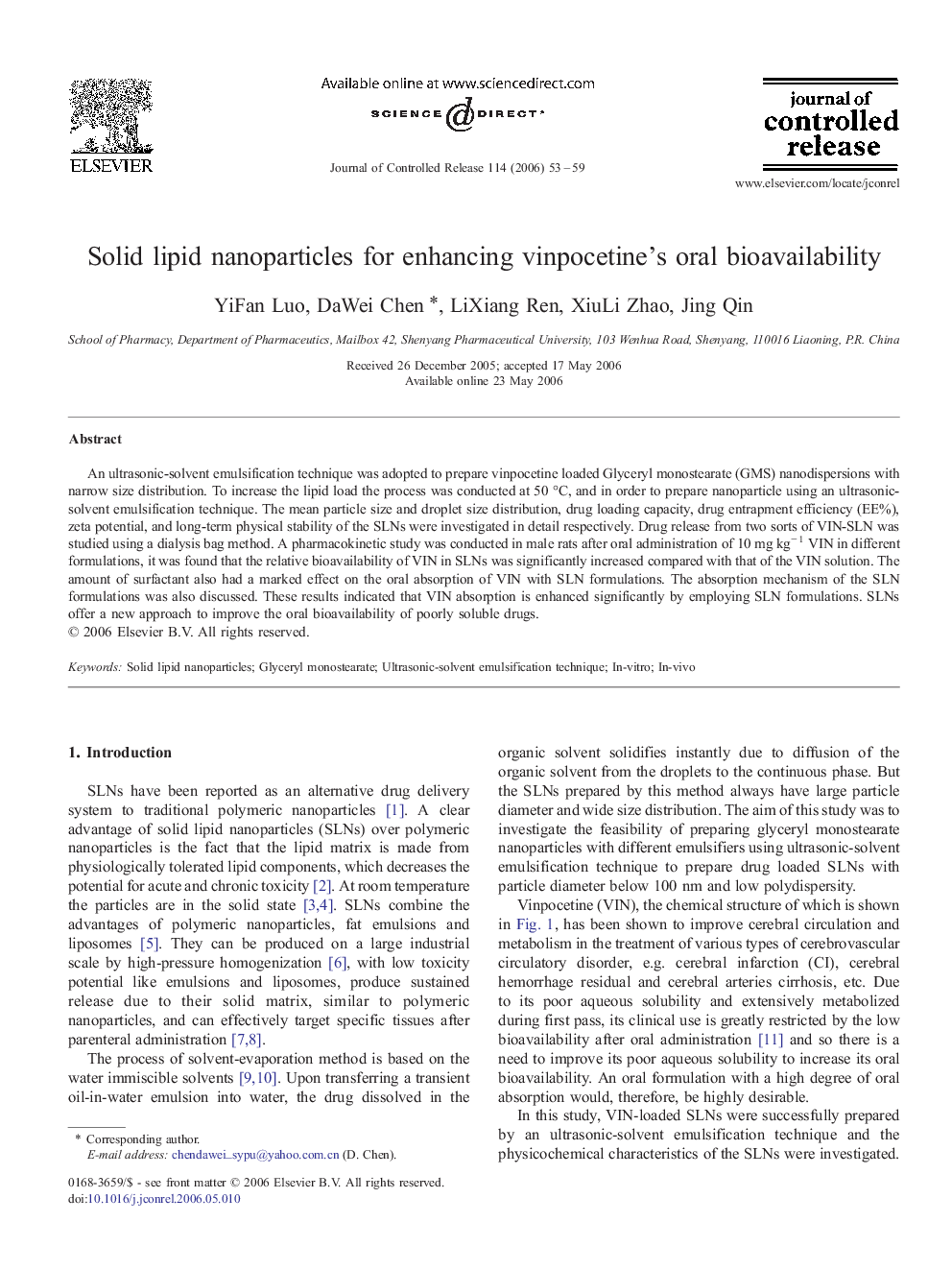 Solid lipid nanoparticles for enhancing vinpocetine's oral bioavailability