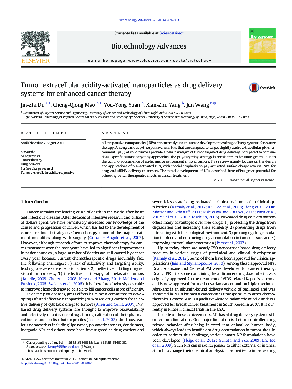 Tumor extracellular acidity-activated nanoparticles as drug delivery systems for enhanced cancer therapy