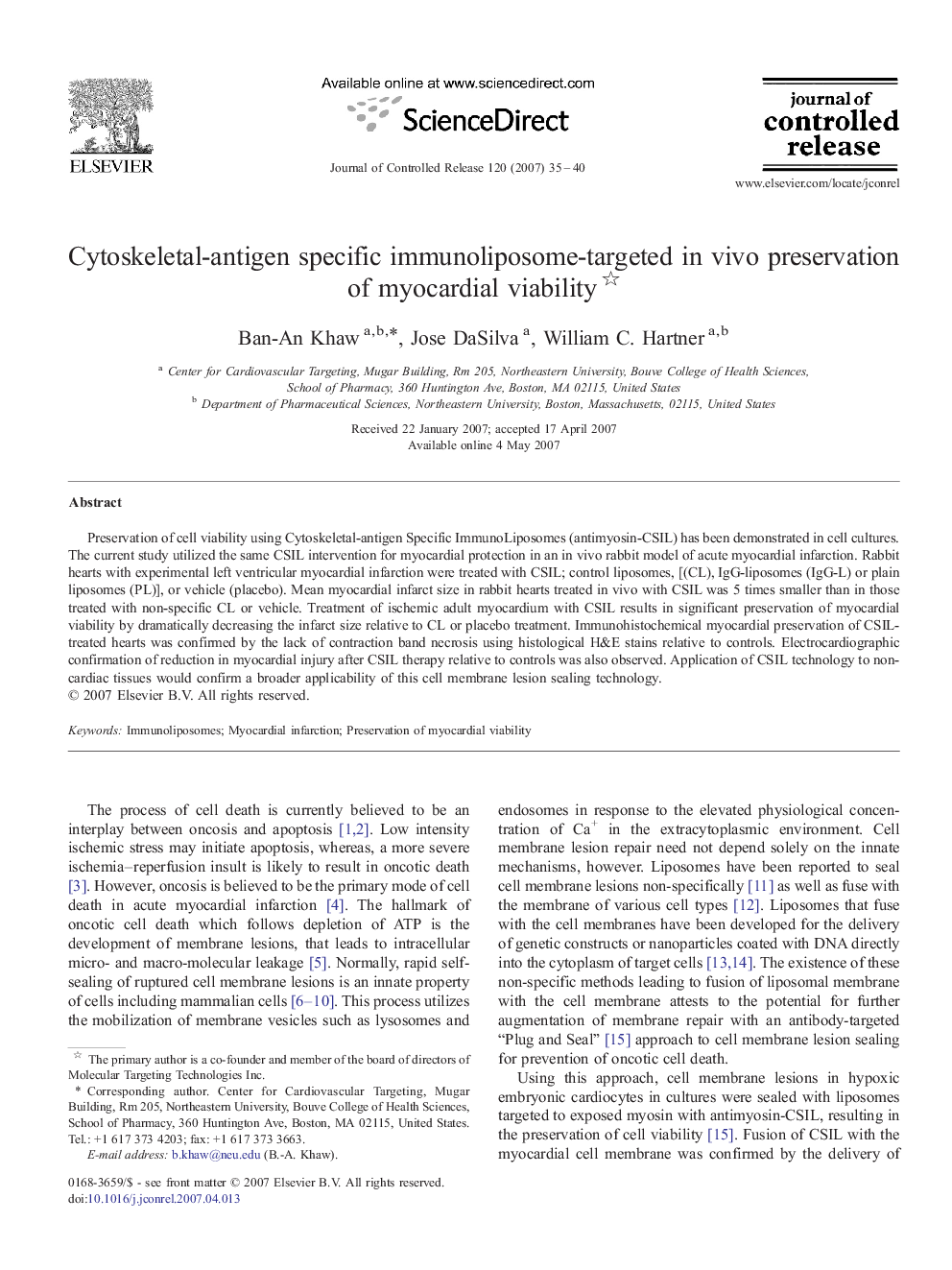 Cytoskeletal-antigen specific immunoliposome-targeted in vivo preservation of myocardial viability 