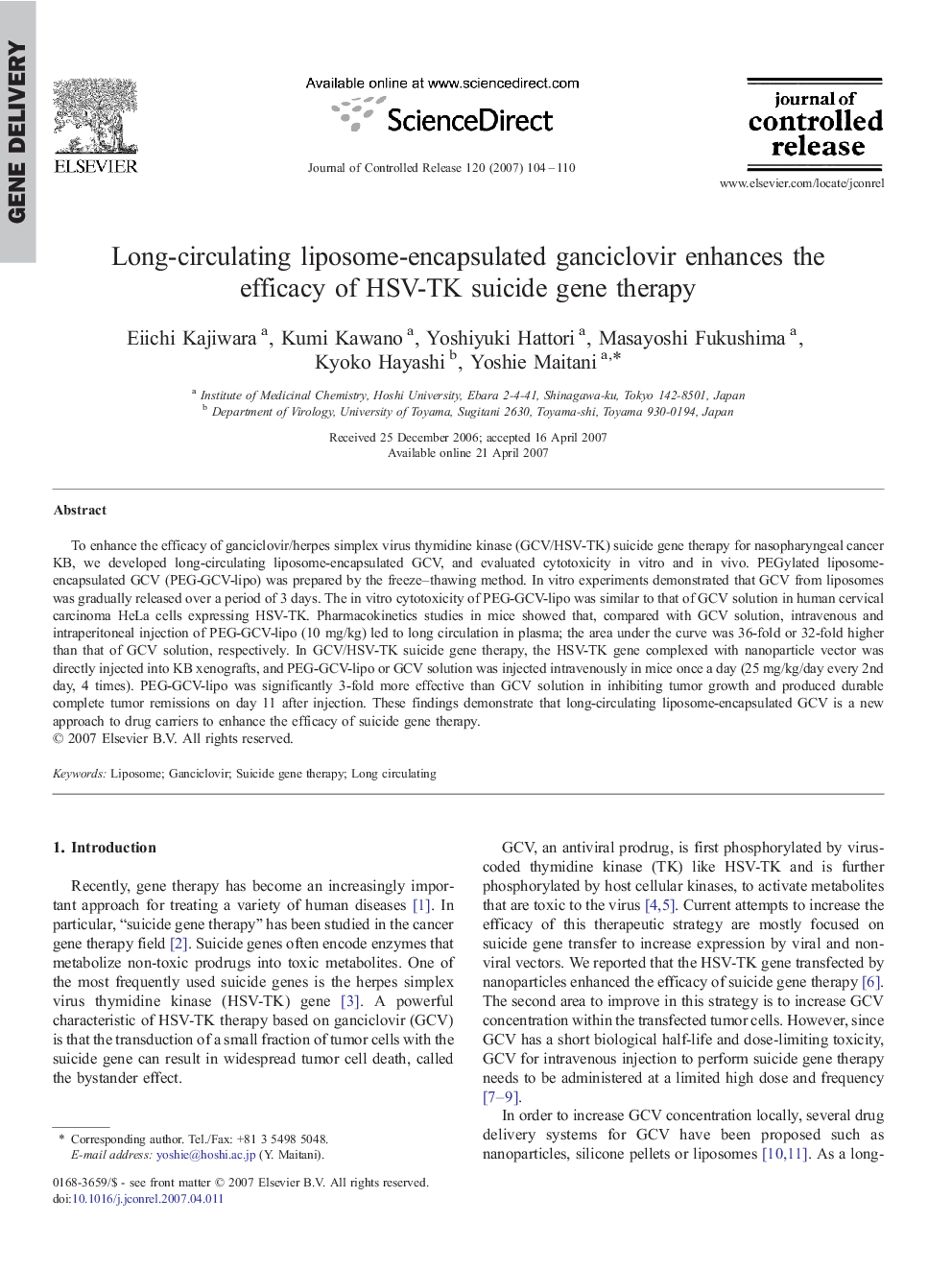 Long-circulating liposome-encapsulated ganciclovir enhances the efficacy of HSV-TK suicide gene therapy