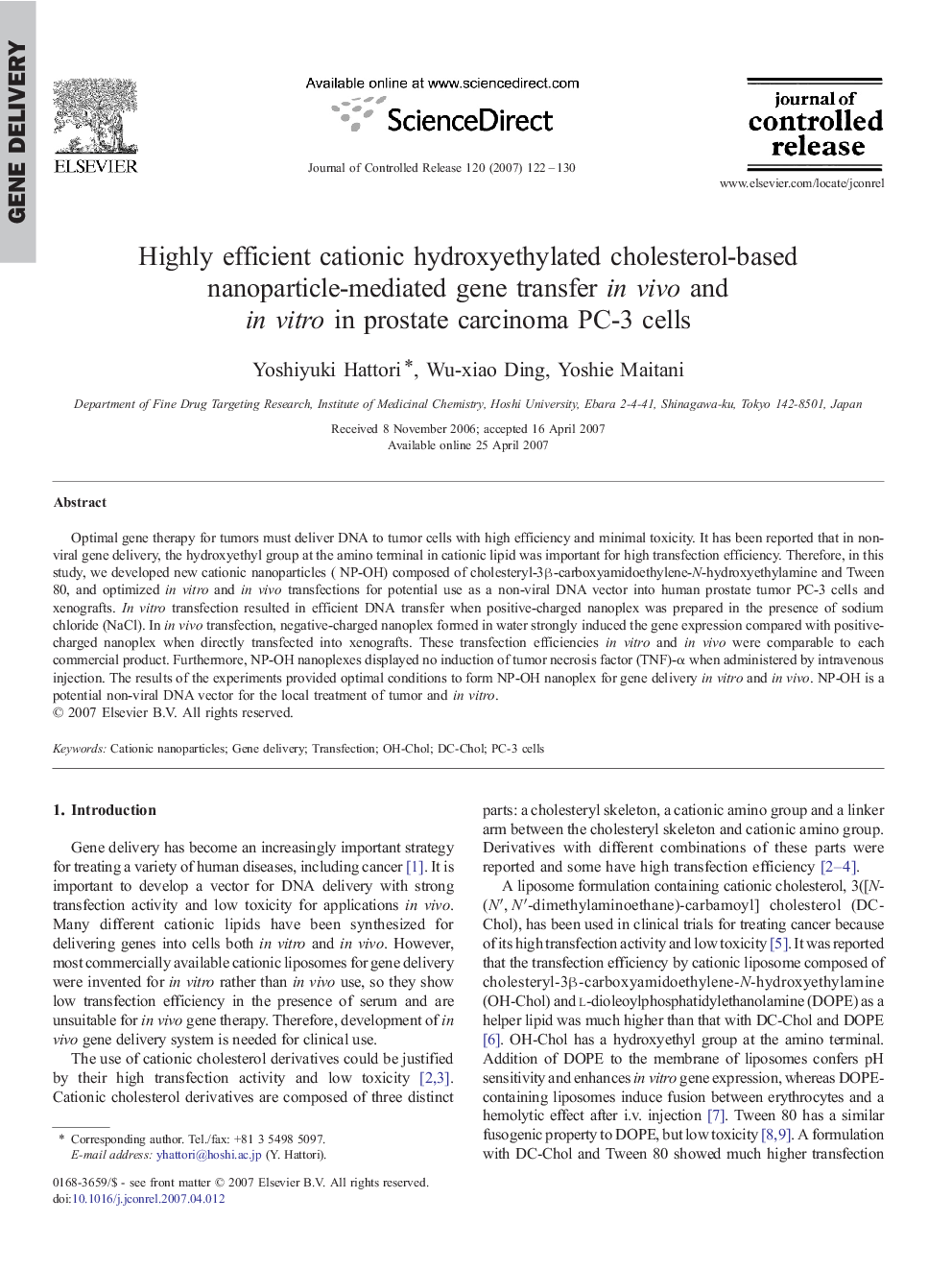 Highly efficient cationic hydroxyethylated cholesterol-based nanoparticle-mediated gene transfer in vivo and in vitro in prostate carcinoma PC-3 cells