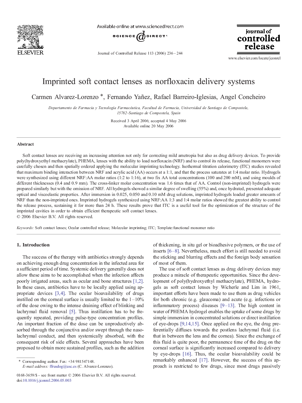 Imprinted soft contact lenses as norfloxacin delivery systems