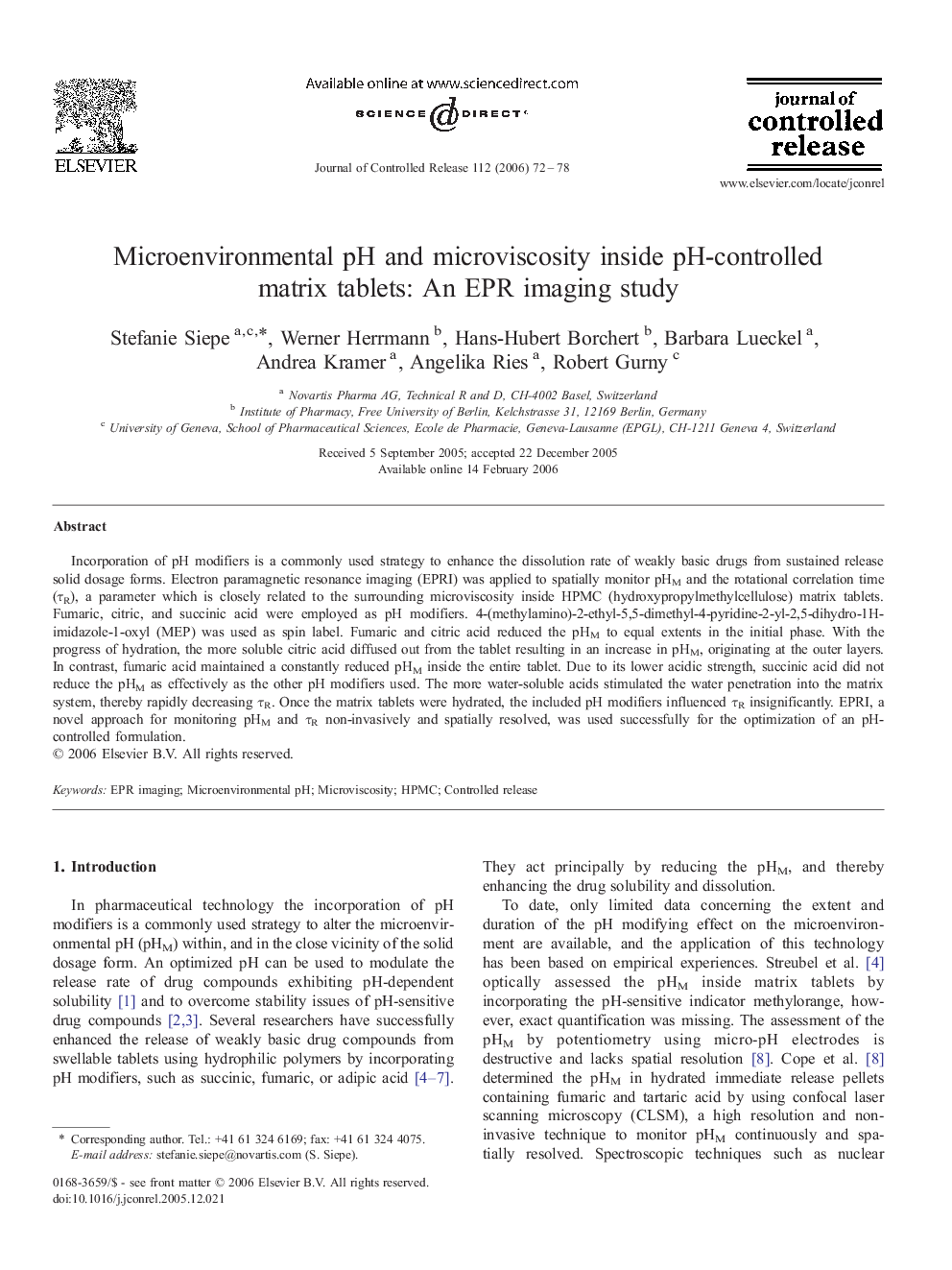 Microenvironmental pH and microviscosity inside pH-controlled matrix tablets: An EPR imaging study