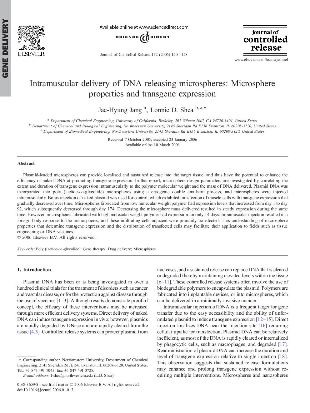 Intramuscular delivery of DNA releasing microspheres: Microsphere properties and transgene expression