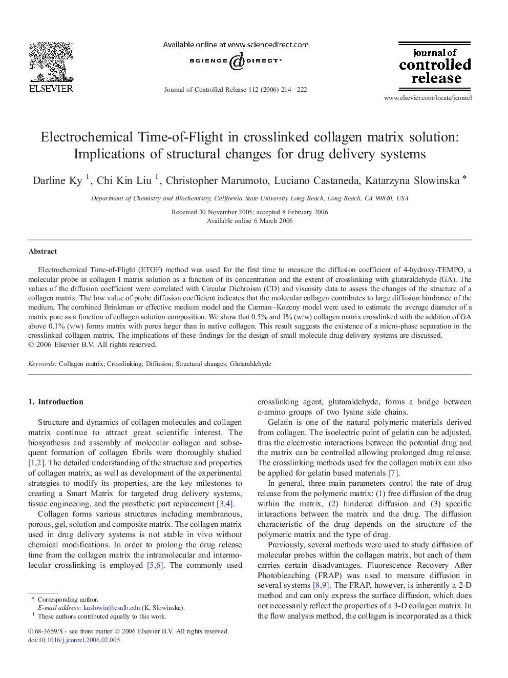 Electrochemical Time-of-Flight in crosslinked collagen matrix solution: Implications of structural changes for drug delivery systems