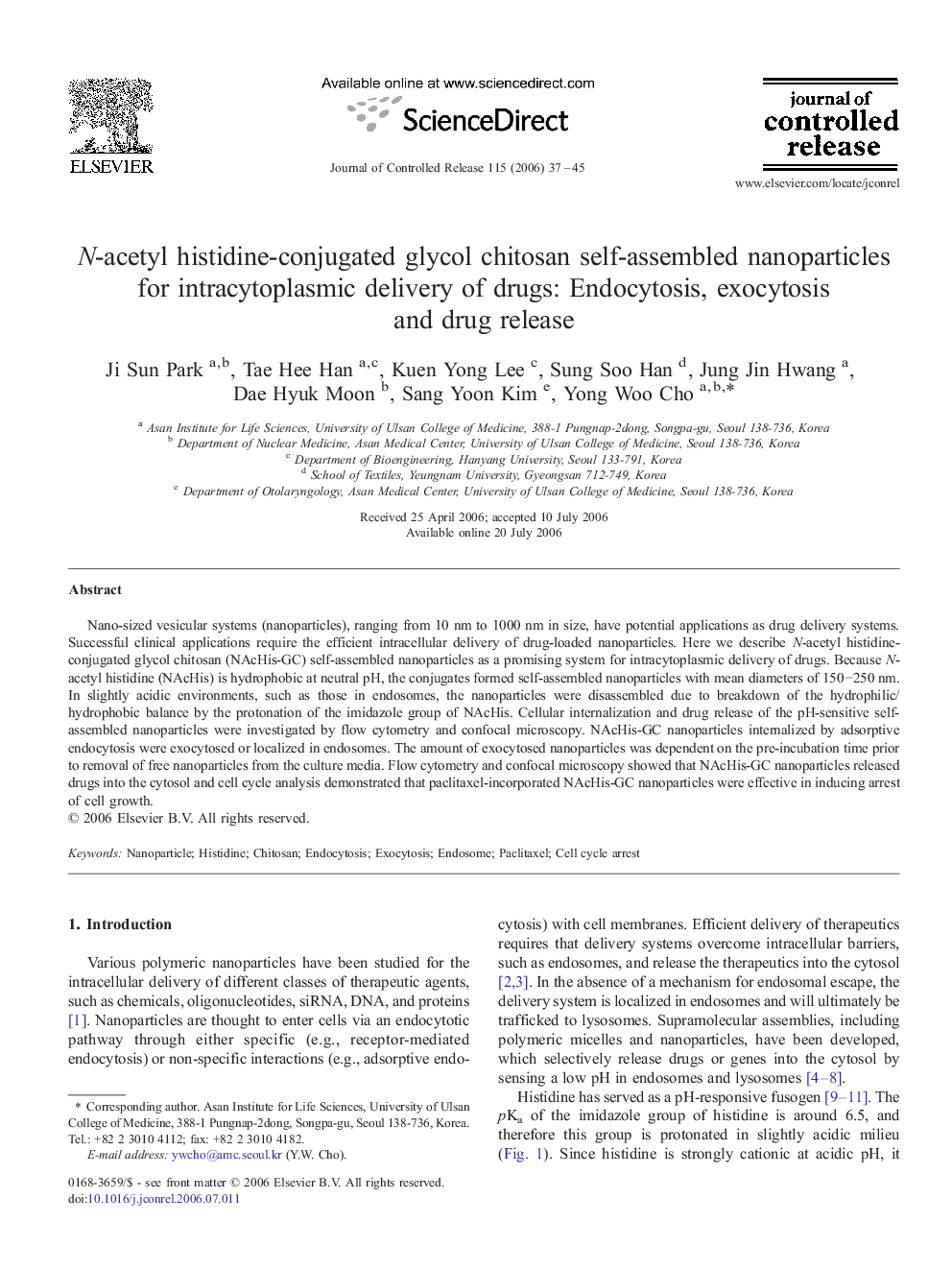 N-acetyl histidine-conjugated glycol chitosan self-assembled nanoparticles for intracytoplasmic delivery of drugs: Endocytosis, exocytosis and drug release