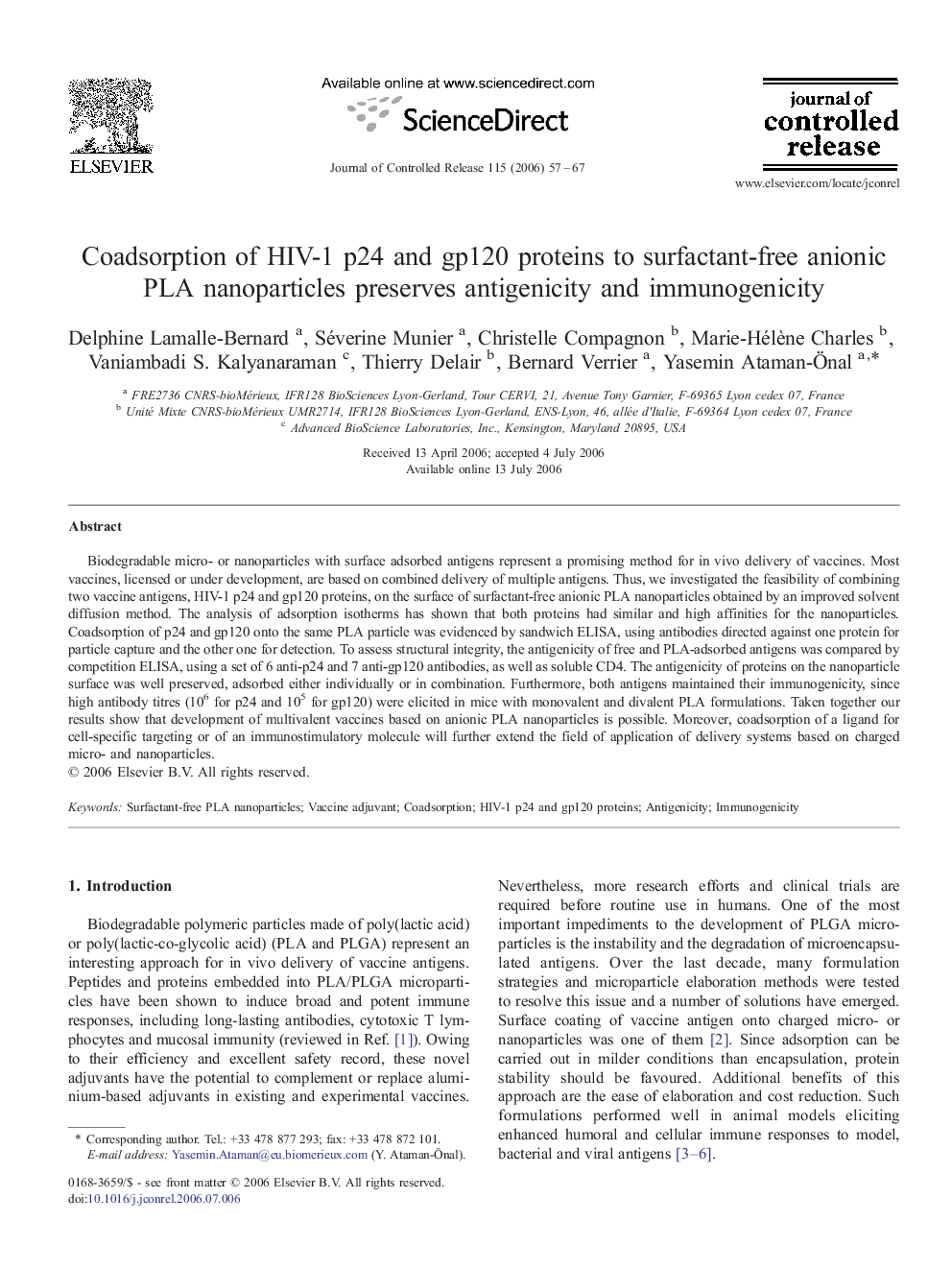 Coadsorption of HIV-1 p24 and gp120 proteins to surfactant-free anionic PLA nanoparticles preserves antigenicity and immunogenicity