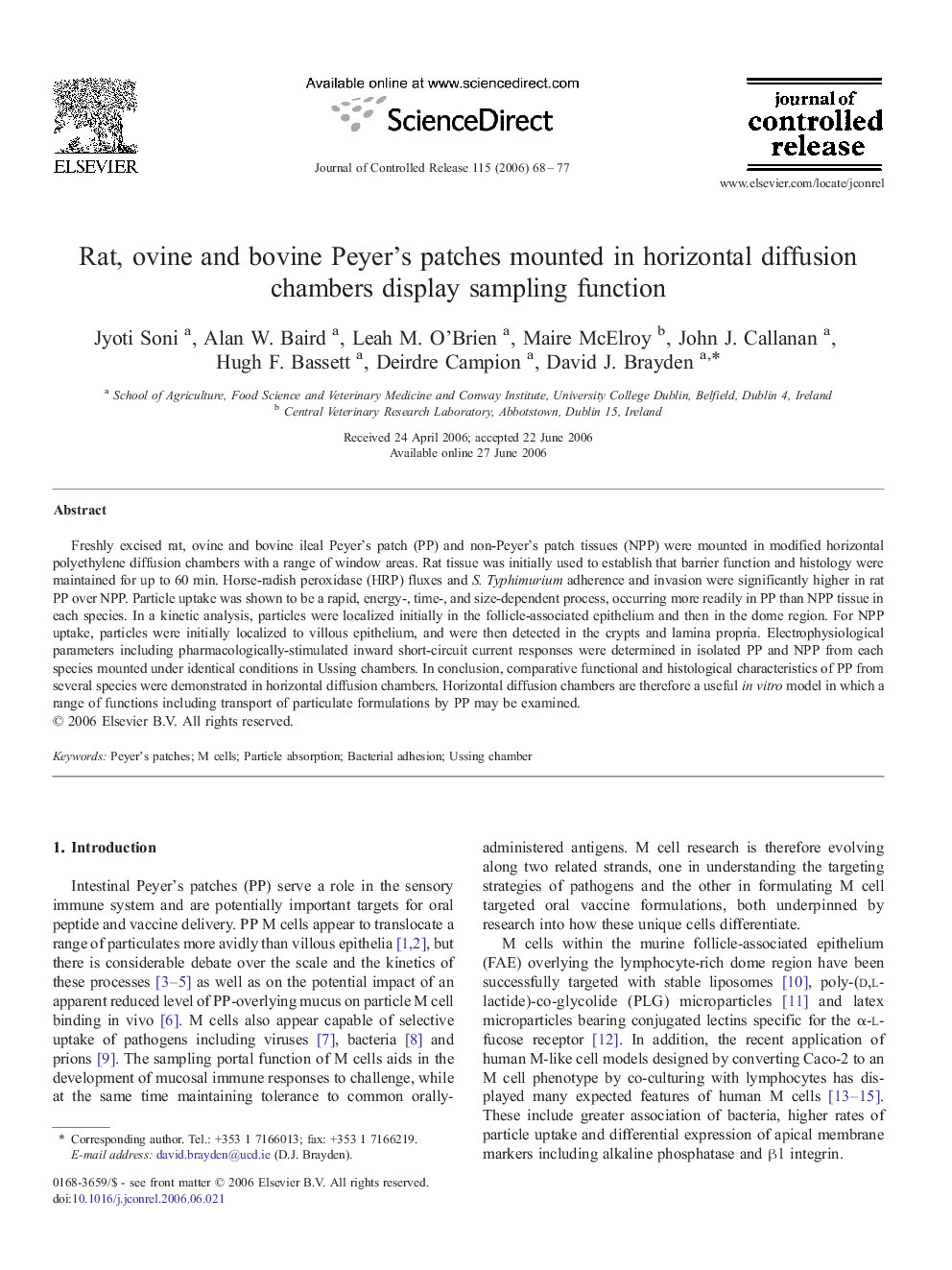 Rat, ovine and bovine Peyer's patches mounted in horizontal diffusion chambers display sampling function