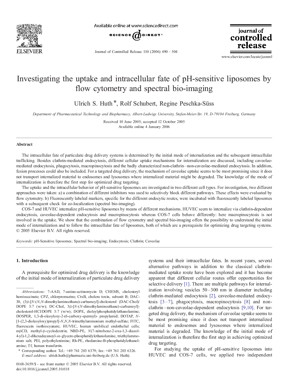 Investigating the uptake and intracellular fate of pH-sensitive liposomes by flow cytometry and spectral bio-imaging