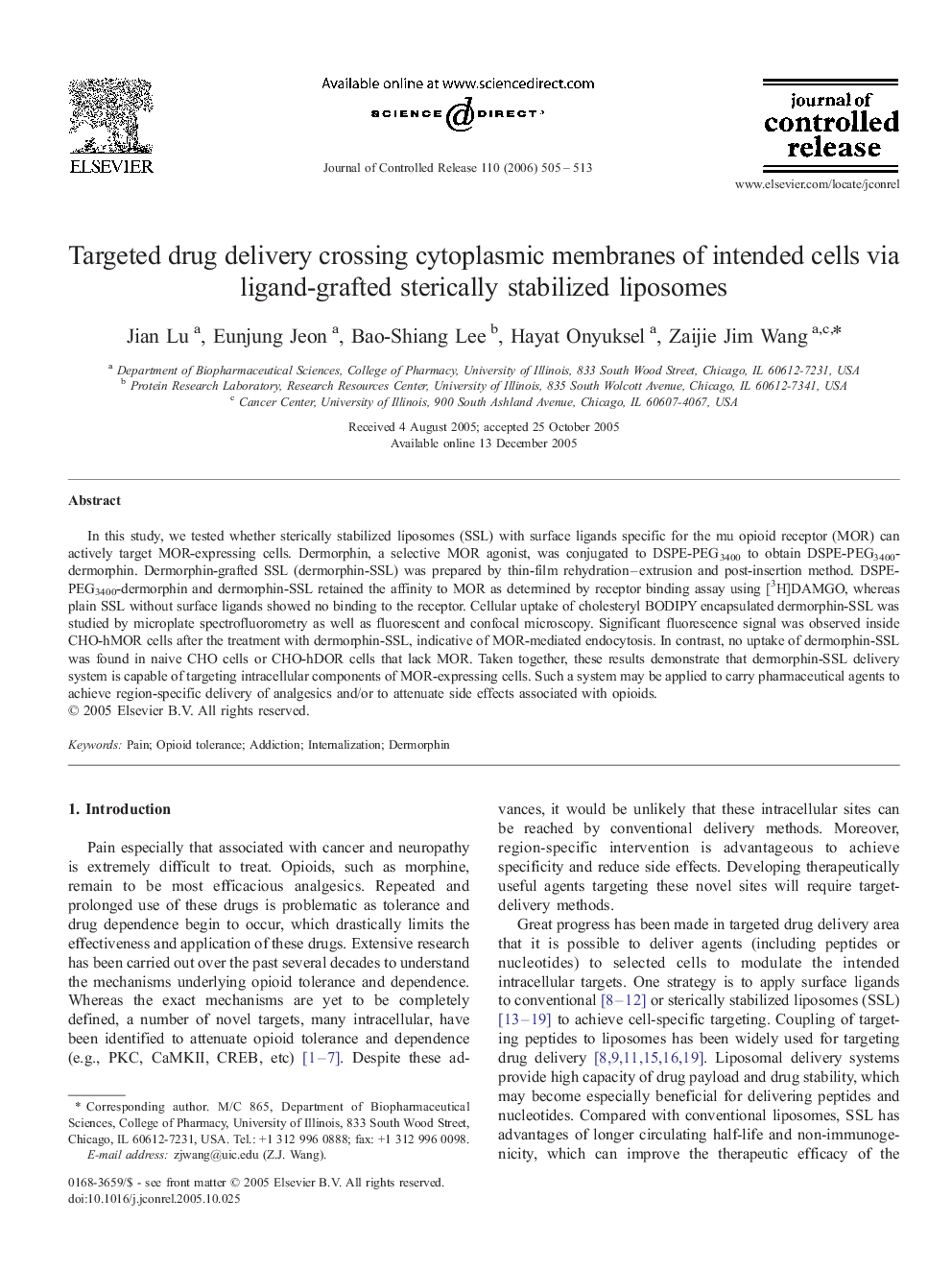 Targeted drug delivery crossing cytoplasmic membranes of intended cells via ligand-grafted sterically stabilized liposomes