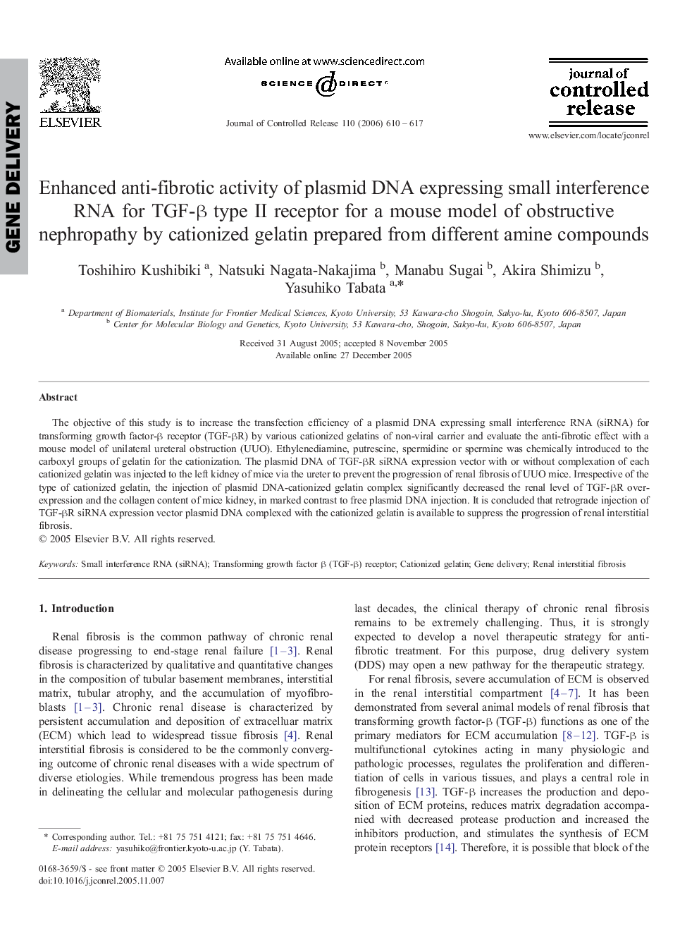 Enhanced anti-fibrotic activity of plasmid DNA expressing small interference RNA for TGF-β type II receptor for a mouse model of obstructive nephropathy by cationized gelatin prepared from different amine compounds