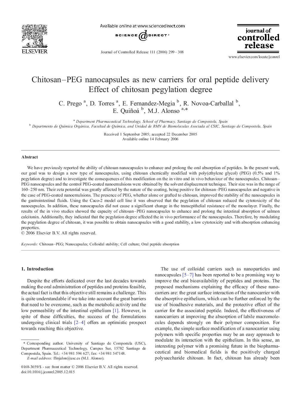 Chitosan–PEG nanocapsules as new carriers for oral peptide delivery: Effect of chitosan pegylation degree