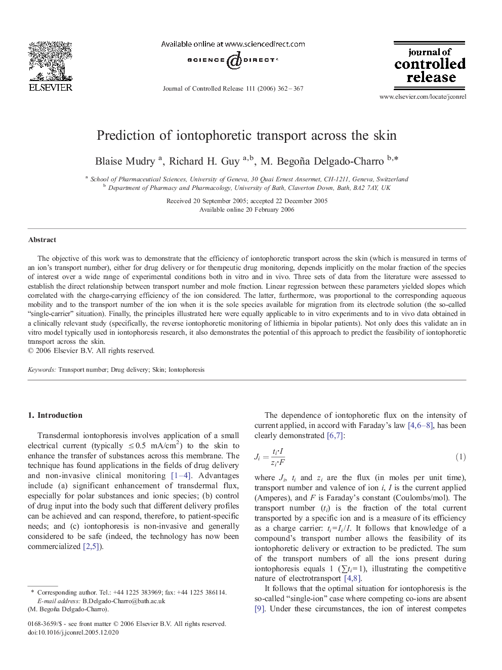 Prediction of iontophoretic transport across the skin