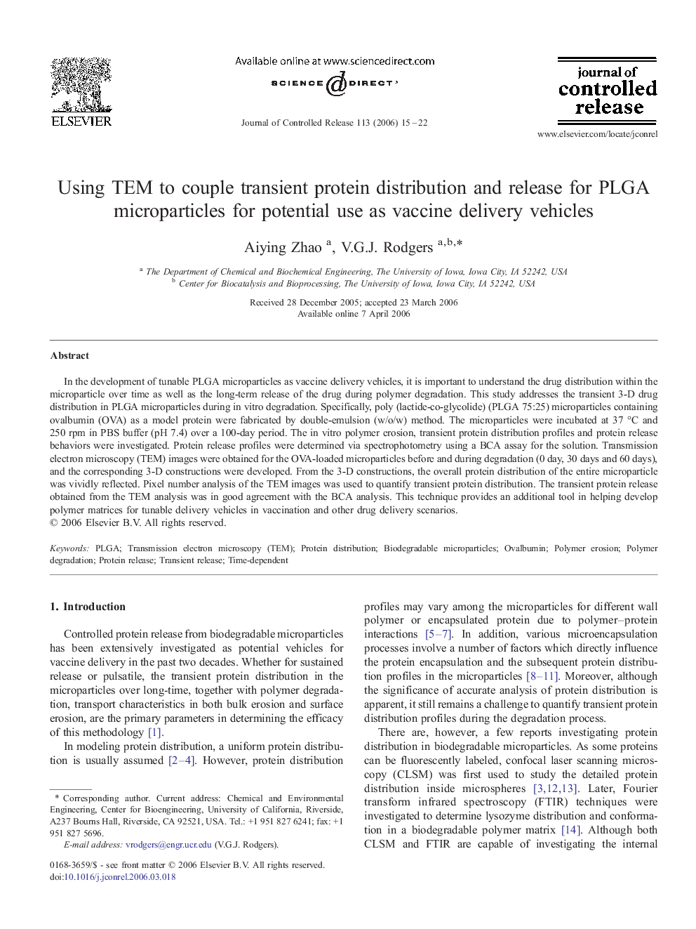 Using TEM to couple transient protein distribution and release for PLGA microparticles for potential use as vaccine delivery vehicles