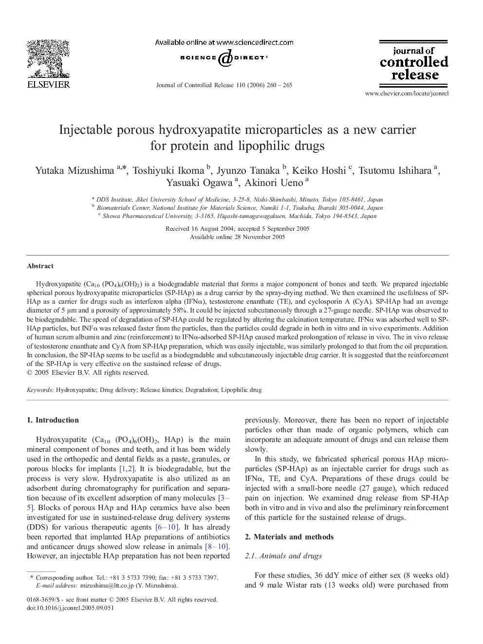 Injectable porous hydroxyapatite microparticles as a new carrier for protein and lipophilic drugs