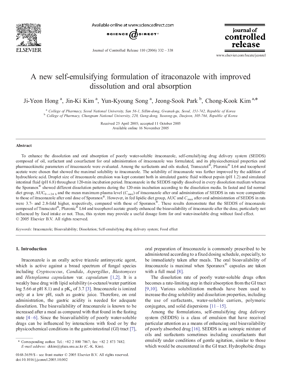 A new self-emulsifying formulation of itraconazole with improved dissolution and oral absorption