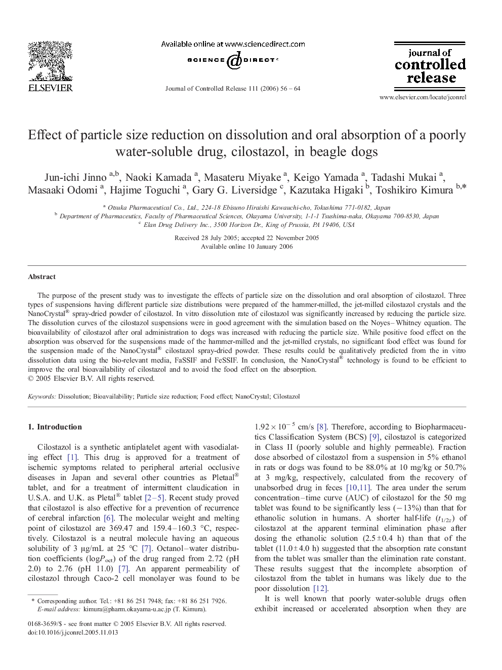 Effect of particle size reduction on dissolution and oral absorption of a poorly water-soluble drug, cilostazol, in beagle dogs