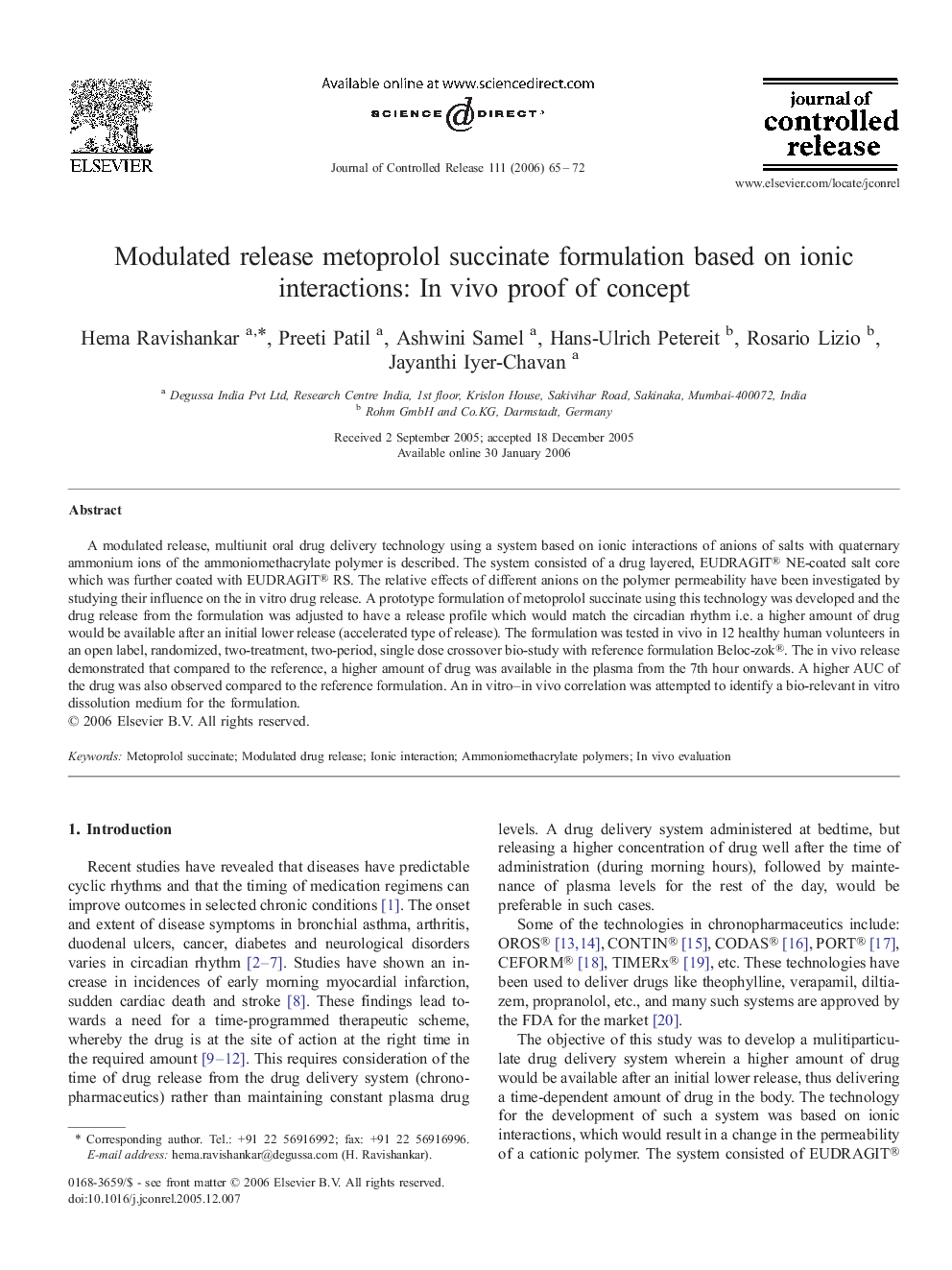 Modulated release metoprolol succinate formulation based on ionic interactions: In vivo proof of concept