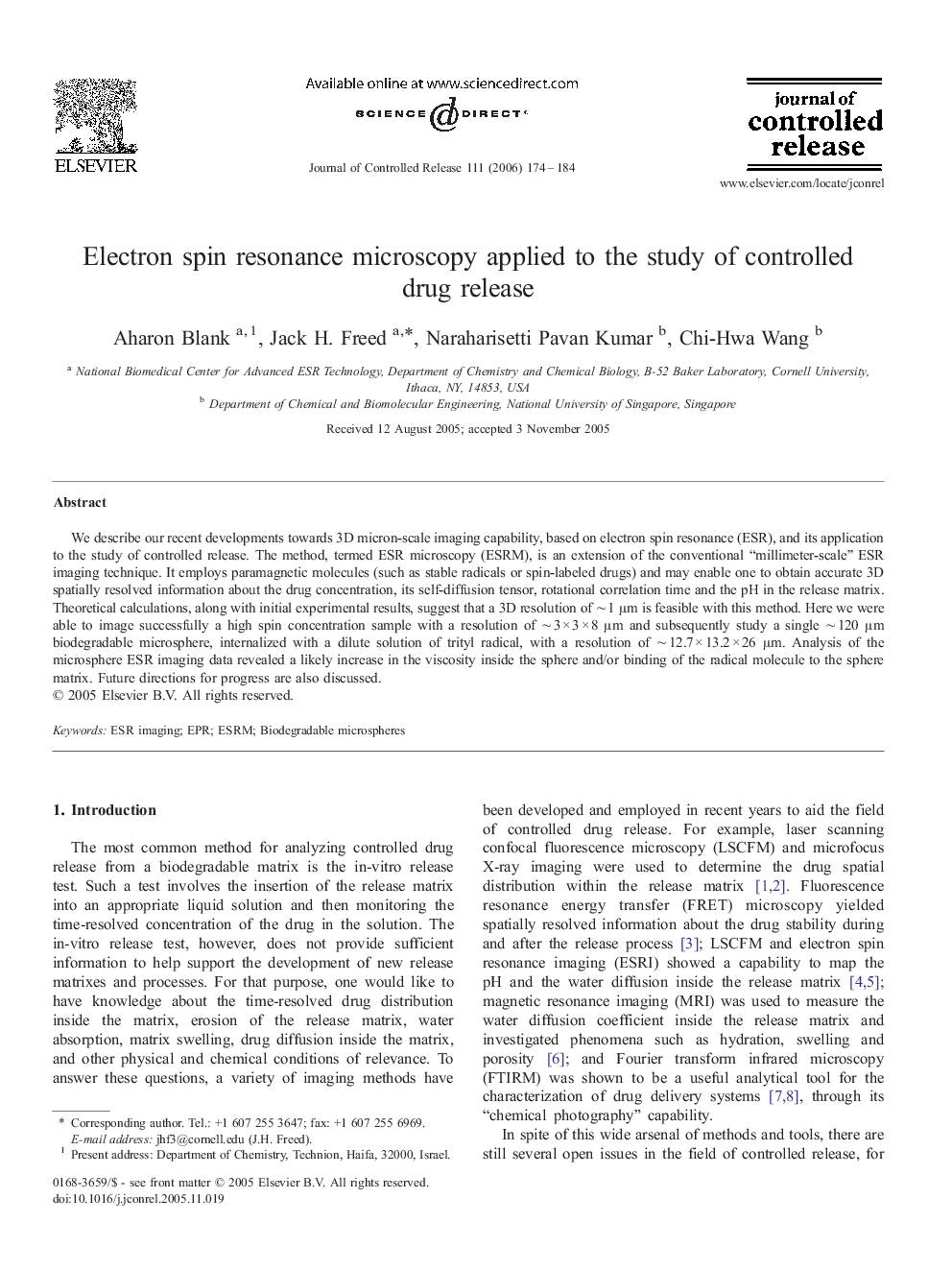 Electron spin resonance microscopy applied to the study of controlled drug release