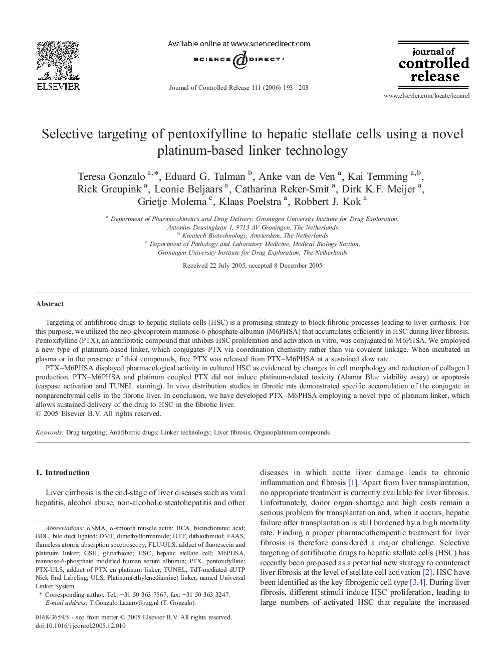 Selective targeting of pentoxifylline to hepatic stellate cells using a novel platinum-based linker technology