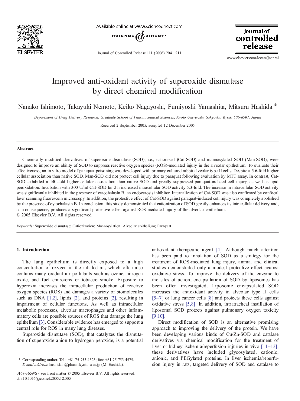 Improved anti-oxidant activity of superoxide dismutase by direct chemical modification