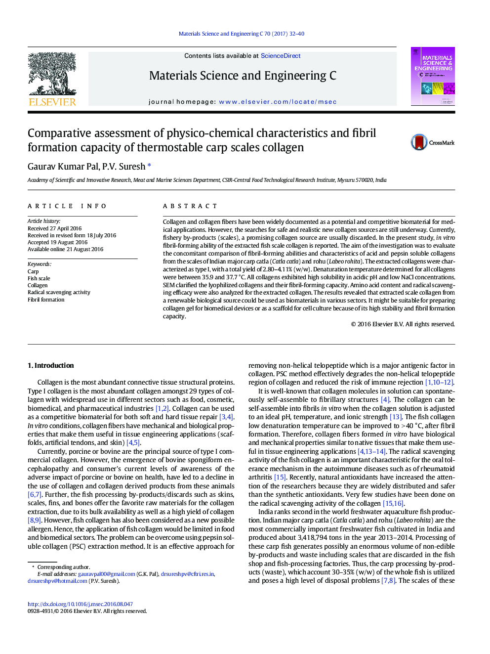 Comparative assessment of physico-chemical characteristics and fibril formation capacity of thermostable carp scales collagen