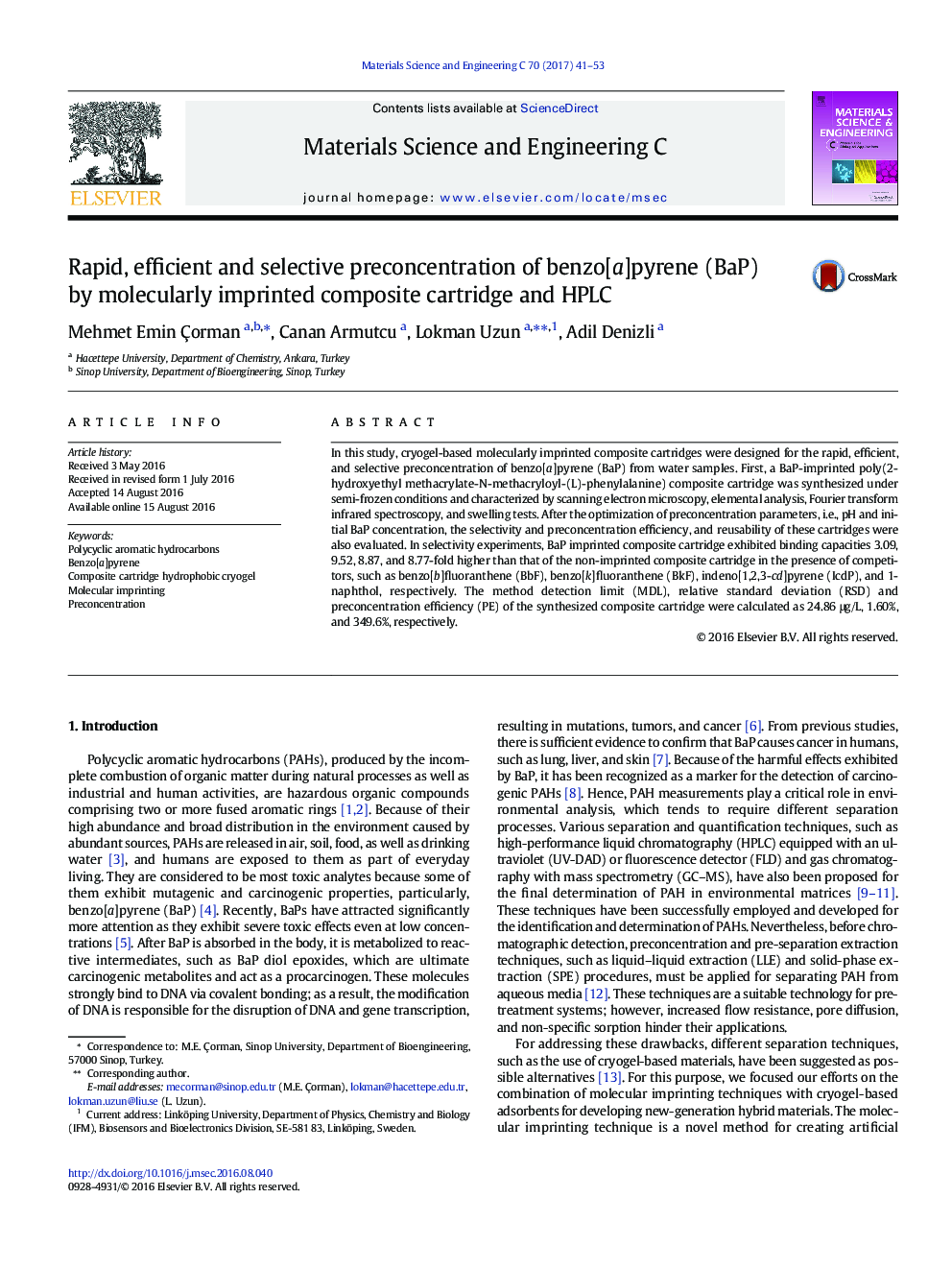 Rapid, efficient and selective preconcentration of benzo[a]pyrene (BaP) by molecularly imprinted composite cartridge and HPLC