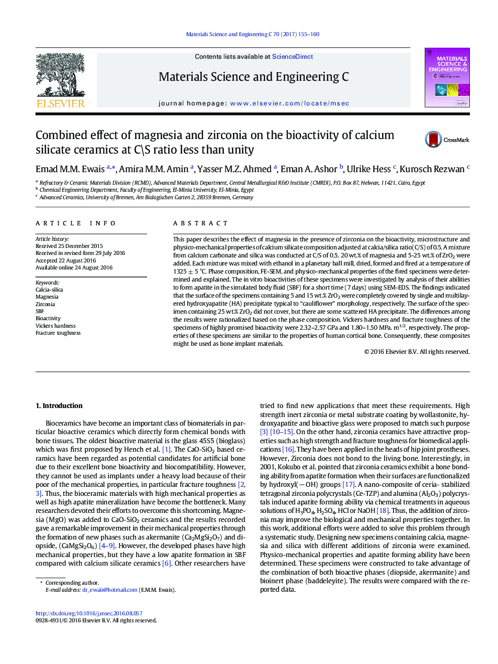 Combined effect of magnesia and zirconia on the bioactivity of calcium silicate ceramics at C\S ratio less than unity