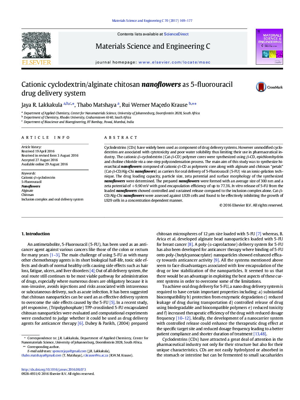 Cationic cyclodextrin/alginate chitosan nanoflowers as 5-fluorouracil drug delivery system