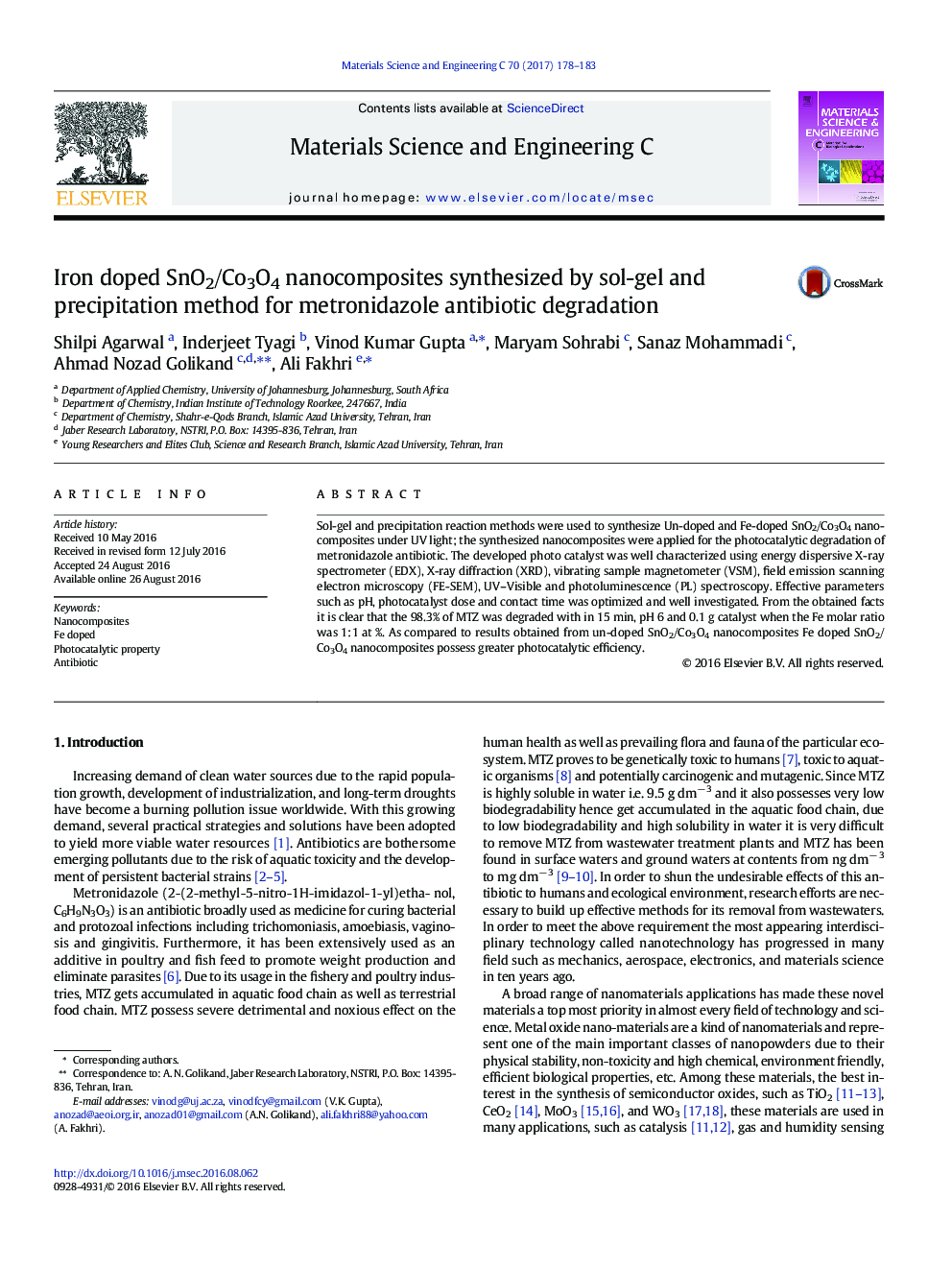 Iron doped SnO2/Co3O4 nanocomposites synthesized by sol-gel and precipitation method for metronidazole antibiotic degradation