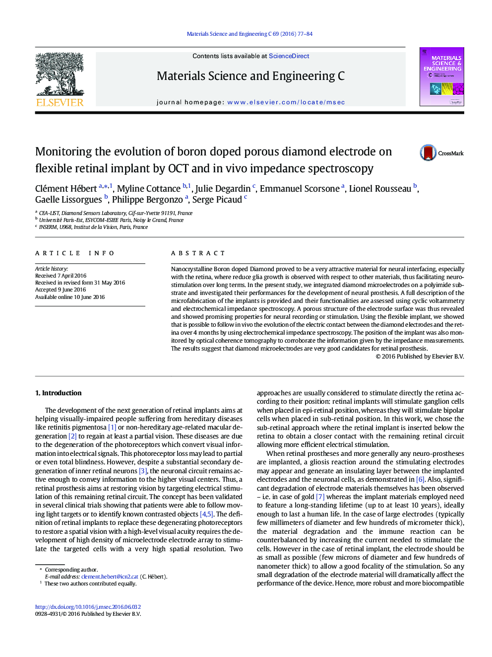 عکس صفحه اول مقاله: Monitoring the evolution of boron doped porous diamond electrode on flexible retinal implant by OCT and in vivo impedance spectroscopy Monitoring the evolution of boron doped porous diamond electrode on flexible retinal implant by OCT and in vivo impedance spectroscopy