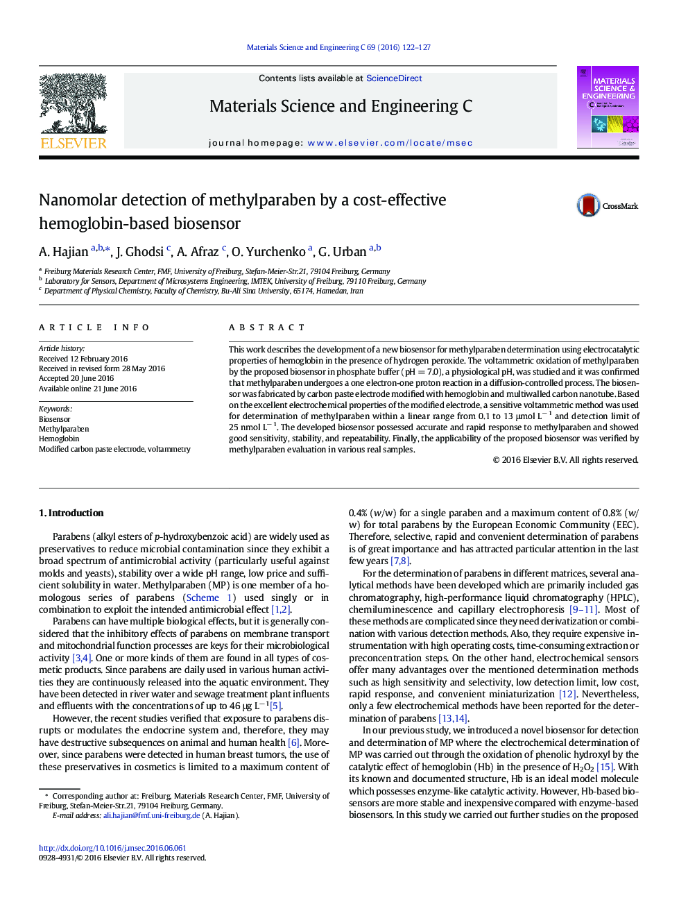 Nanomolar detection of methylparaben by a cost-effective hemoglobin-based biosensor