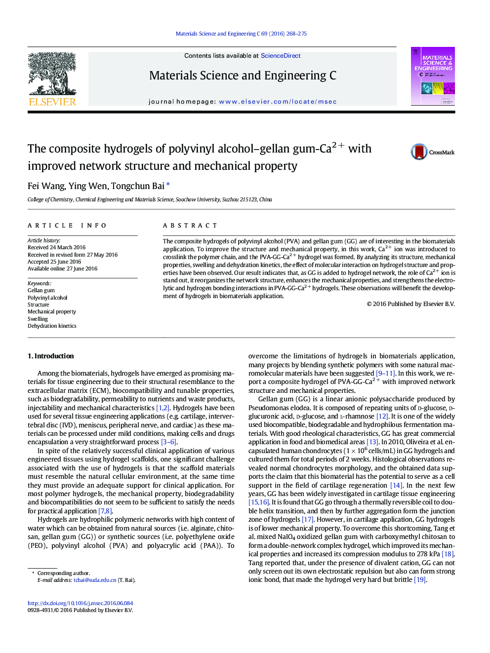 The composite hydrogels of polyvinyl alcohol–gellan gum-Ca2 + with improved network structure and mechanical property