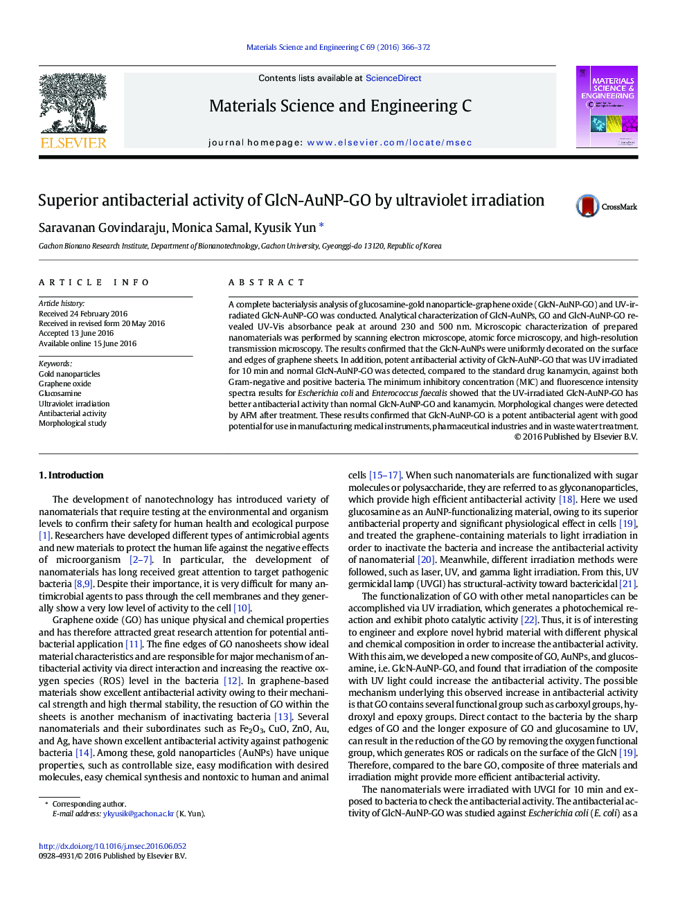 Superior antibacterial activity of GlcN-AuNP-GO by ultraviolet irradiation