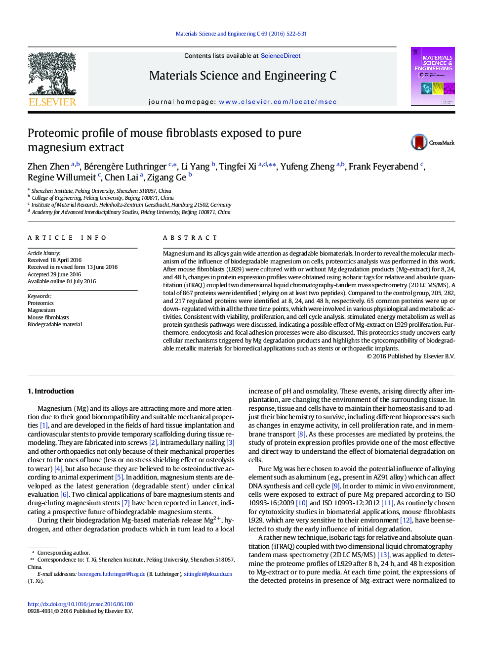 Proteomic profile of mouse fibroblasts exposed to pure magnesium extract