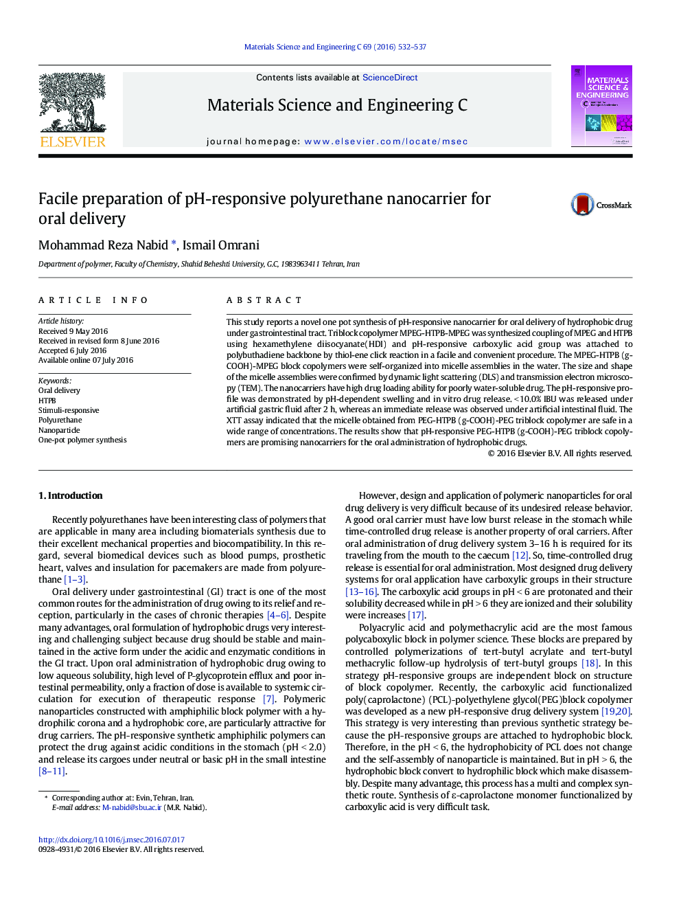 Facile preparation of pH-responsive polyurethane nanocarrier for oral delivery