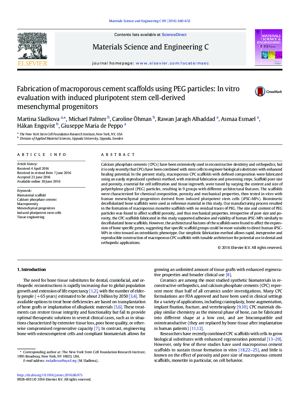 Fabrication of macroporous cement scaffolds using PEG particles: In vitro evaluation with induced pluripotent stem cell-derived mesenchymal progenitors